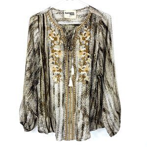 Savanna Jane Top Size Small Brown Embroidered Peasant Boho Tunic Tasseled